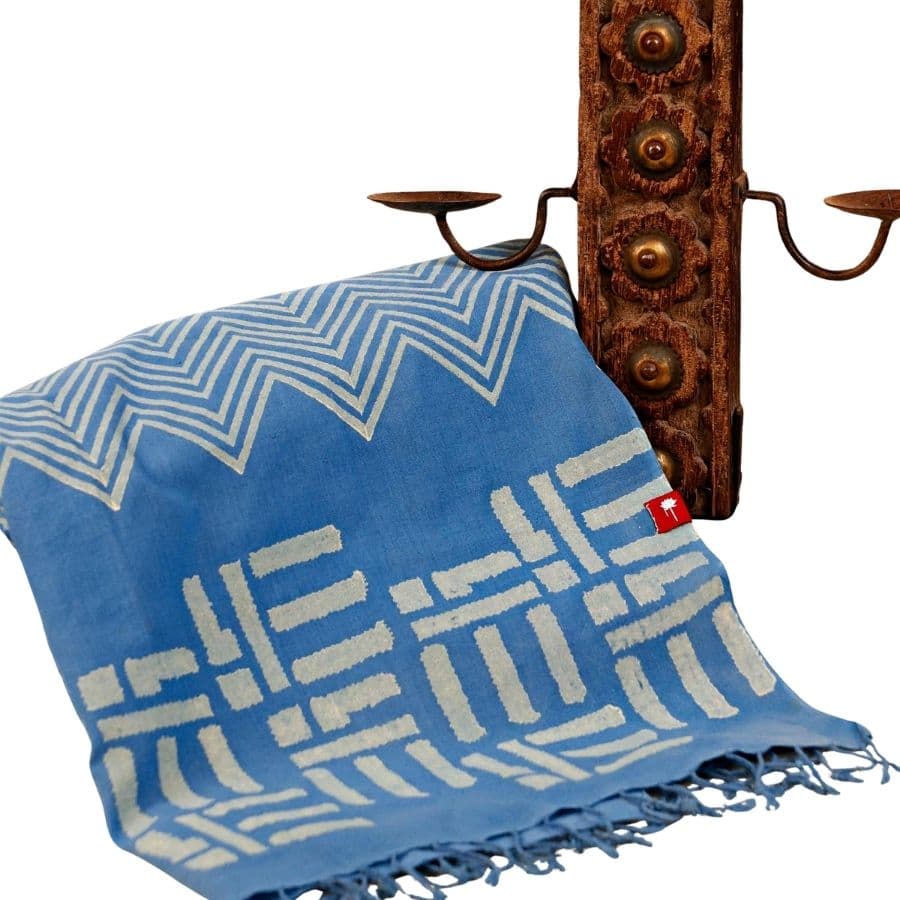 Om Blue Block Printed Handloom Khadi Stole