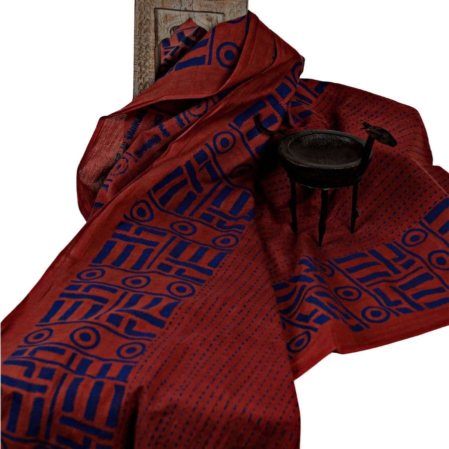 Om Hand Block Printed Red And Blue Handloom Khadi Stole