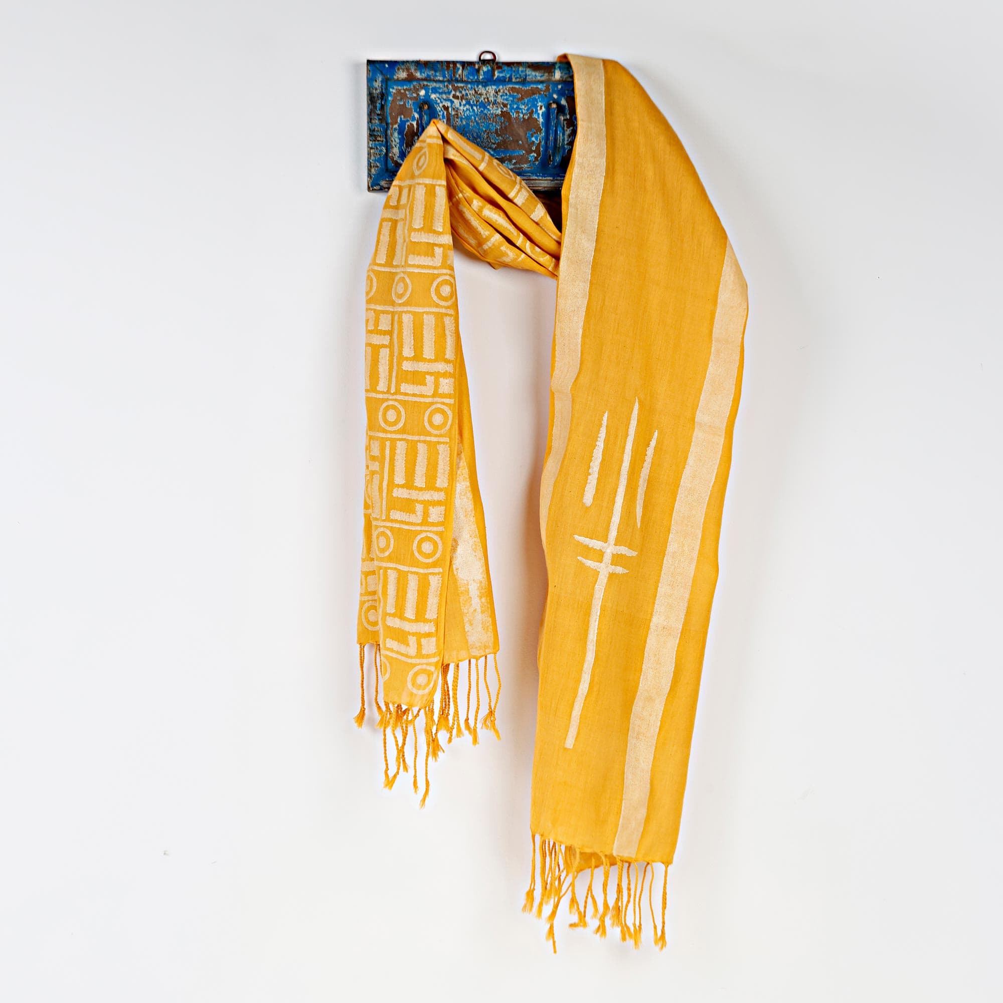 Om And Trishul Hand Block Printed Yellow Handloom Khadi Stole